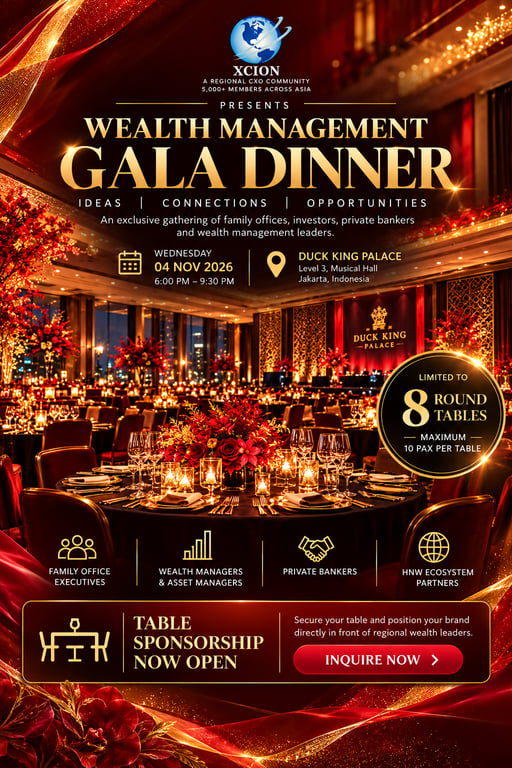 Singapore Global Network Menjadi Mitra Utama Gala Dinner Eksklusif Wealth Management, Membuka Kesempatan Sponsorship Meja dalam Jumlah Terbatas